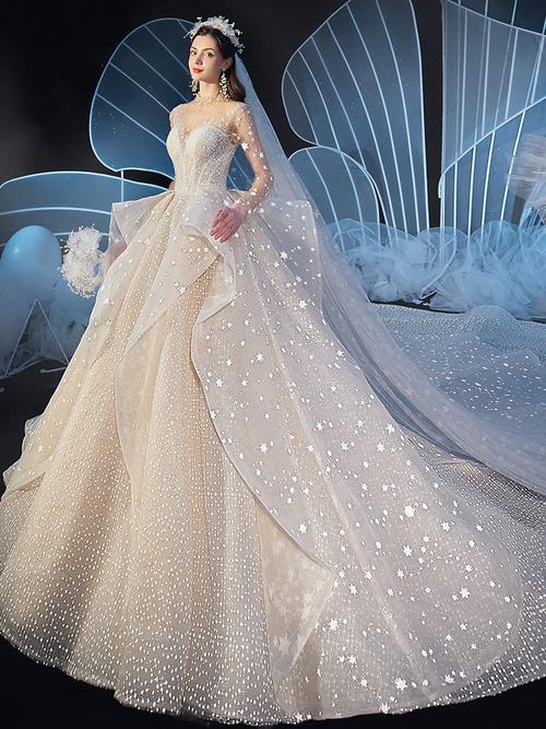 guialabruna显瘦主婚纱202021新款新娘气质大拖尾礼服星空女遮粗