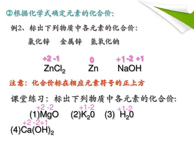 例2,标出下列物质中各元素的化合价: 氯化锌 金属锌 氢氧化钠 0  2