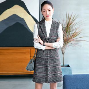 千鸟格西装领马甲中长款女士秋冬套装ol美容师职业无袖外套女批发