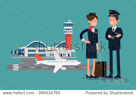 flat design on commercial civil pilot and flight attendant