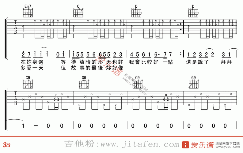 《晴天_周杰伦晴天》吉他谱_c调简单版_弹唱_六线谱-吉他粉
