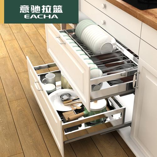 不锈钢双层缓冲厨房调味橱柜厨柜碗篮置物架抽屉碗架 304 拉篮 意驰