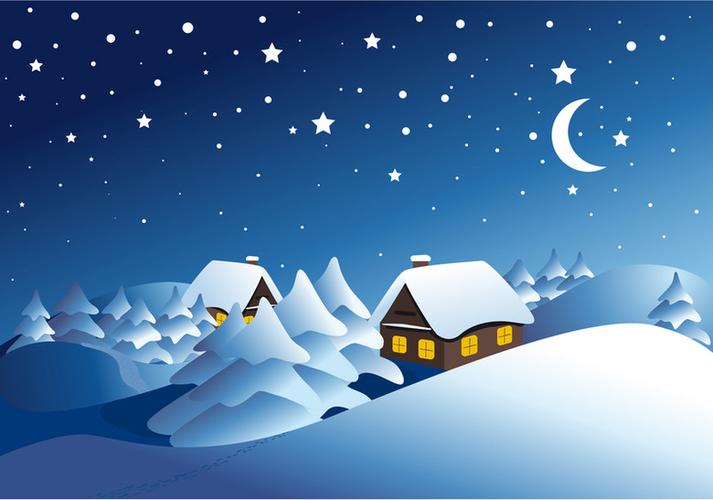 卡通雪地村庄弯月背景素材