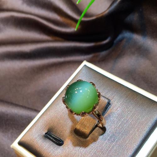 双十二新品和田玉戒指女 翡翠猫眼碧玉圆珠镶嵌18k金指环送妈妈礼
