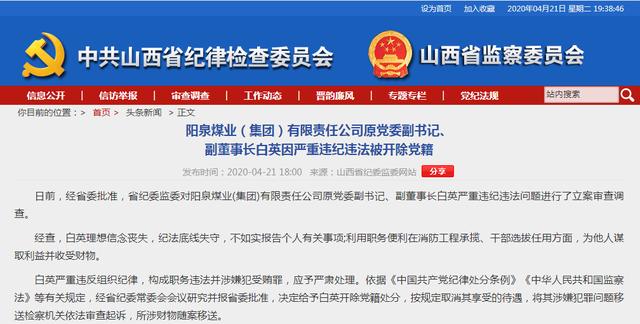 山西阳泉煤业原副董事长白英被开除党籍 取消待遇