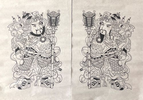 线描门神,福寿三多