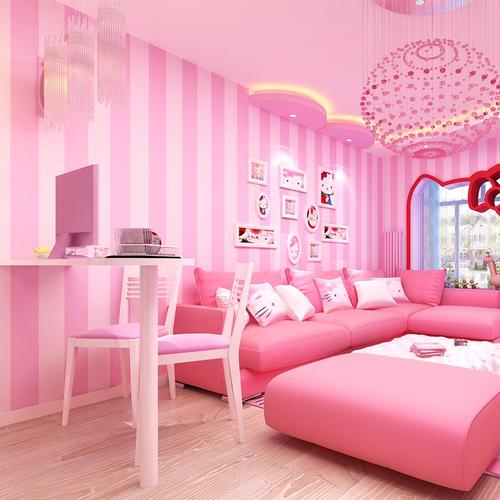 韩式粉色儿童公主房壁纸卧室现代竖条纹墙纸无纺布客厅温馨甜美范