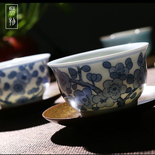 仿古手绘青花瓷大号梅花茶杯 景德镇陶瓷茶具 薄胎手工单杯主人杯