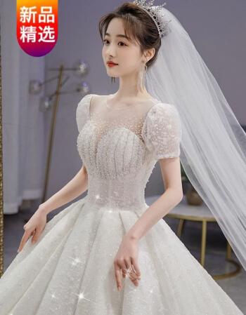 夏季新款法式清新新款亮片重工小个子女生超美拖尾婚纱米白色齐地m