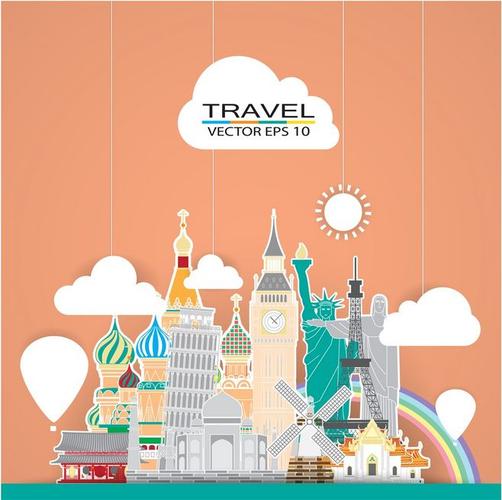 夏日梦幻可爱卡通六一儿童节暑假世界旅游景点建筑物水彩插画