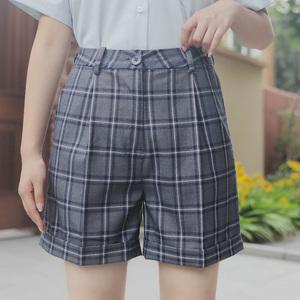 [dai]黛jk制服 西装短裤基本款灰蓝格子高腰宽松基佬短裤女生班服