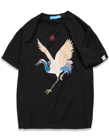 潮牌大码男装加大加肥胖子圆领短袖t恤中国风仙鹤白鹤