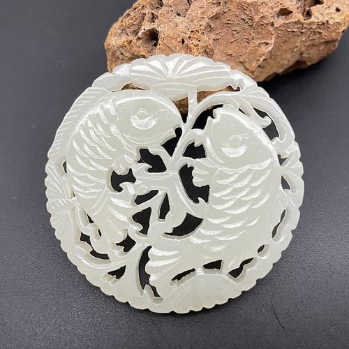 和田玉双鱼玉吊坠年年有余双面镂空鲤鱼玉佩颈饰挂件项坠配饰鱼玉