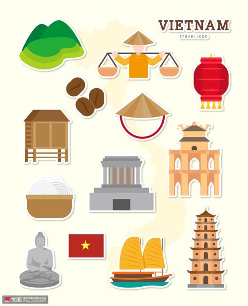 越南地标建筑美食自然风景旅行插画