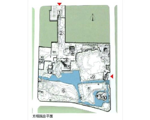 方塔园总平面 ①北门 ②甬道 ③天妃宫 ④影壁 ⑤方塔 ⑥大草坪