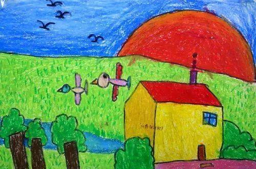 类似于这种蓝色天空的儿童画▼