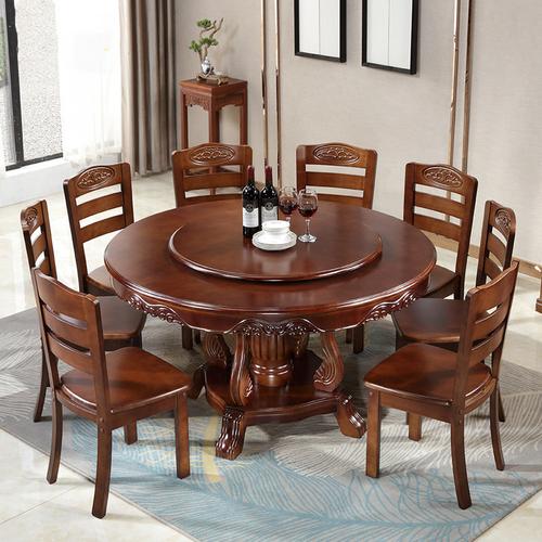 青木川实木餐桌圆桌饭桌餐桌椅组合带转盘带电磁炉圆形餐桌家用吃饭