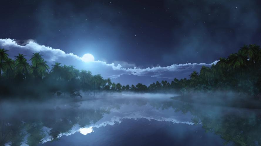 唯美大自然森林夜晚月亮湖面月光宁静