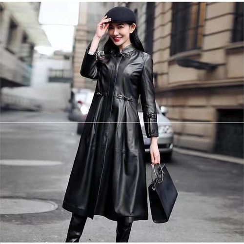 2019秋新风衣女中长款修身加棉皮外套盘扣皮衣中国风佳话皮衣1718