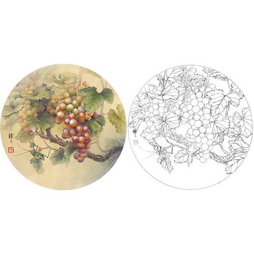 斗方小品花鸟-孙锡之-葡萄-sx04 - 工笔底稿商城
