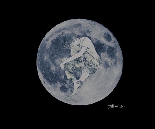 纯黑色背景一个月亮上面有一个手绘少年手机壁纸