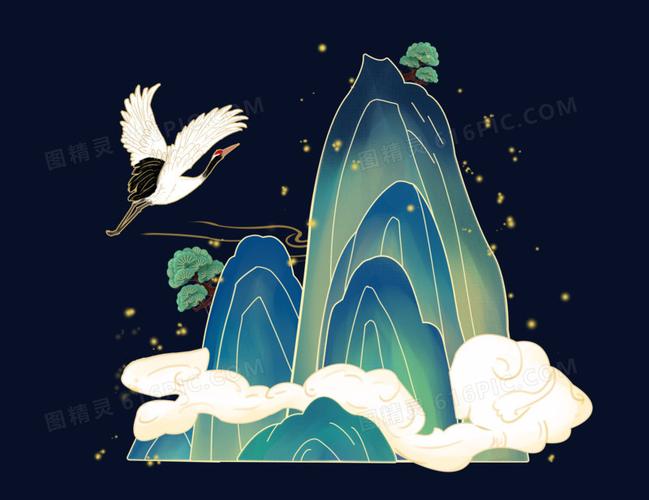 国潮风山水风景仙鹤美景装饰元素