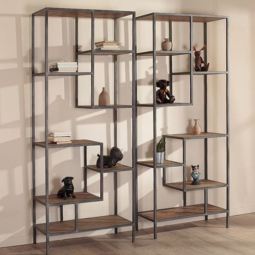 淮木(huaimu)实木铁艺书架复古搁板置物架隔断展示架客厅收纳架