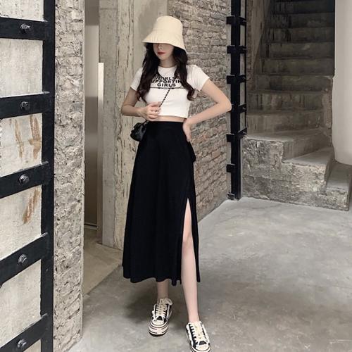 夏新款女士韩版短款字母印花上衣高腰开叉半身裙长裙休闲两件套装