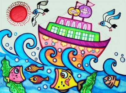 船和大海儿童画-大海中的大船