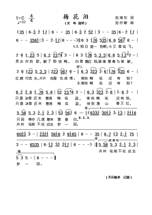 梅花泪 文希 歌谱 简谱
