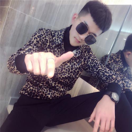 社会精神小伙修身豹纹长袖假两件衬衫男潮流春秋印花休闲网红男衣