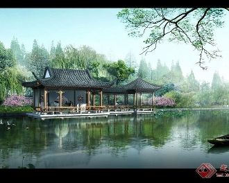 湖边的古建亭子走廊 效果 图psd-亭子效果图