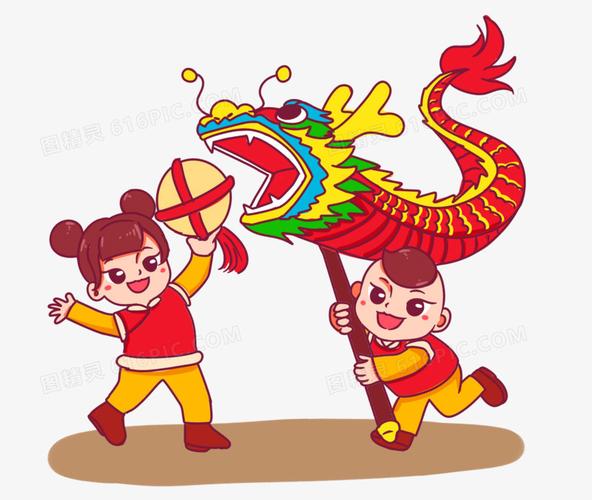 手绘卡通儿童舞龙舞狮场景素材