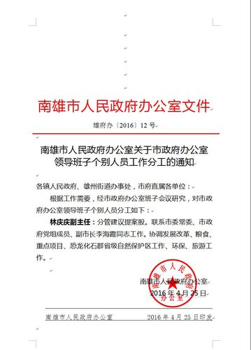 南雄市人民政府办公室关于市政府办公室领导班子个别人员工作分工的