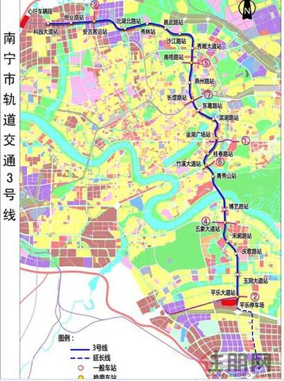 西北至东南走向的南宁地铁3号线各站点停靠站名