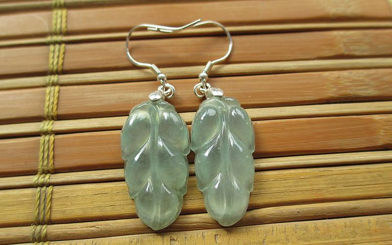 缅甸天然翡翠耳环耳坠正品玉叶叶子耳钩款纯银镶嵌耳饰