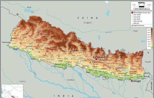 尼泊尔地形图   尼泊尔北部喜玛拉雅地区海拔高度在4877米-8844