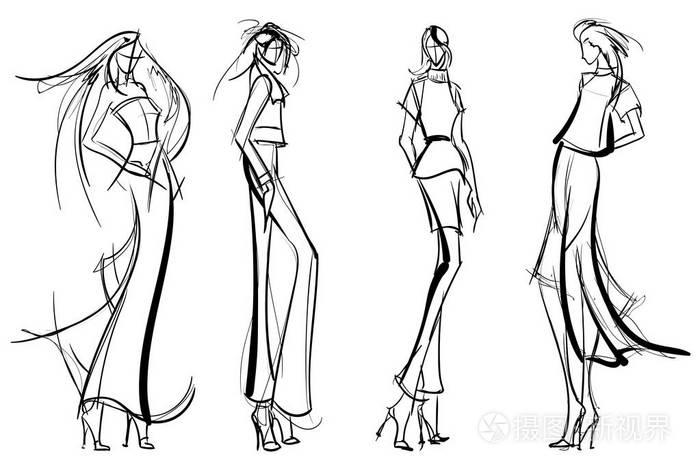 时尚时装模特.漂亮的年轻女孩时尚女孩素描