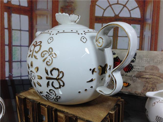 描金蝴蝶夫人蕾丝浮雕三壶套茶具套咖啡具套陋室铭陶瓷蝶花盘 糖壶