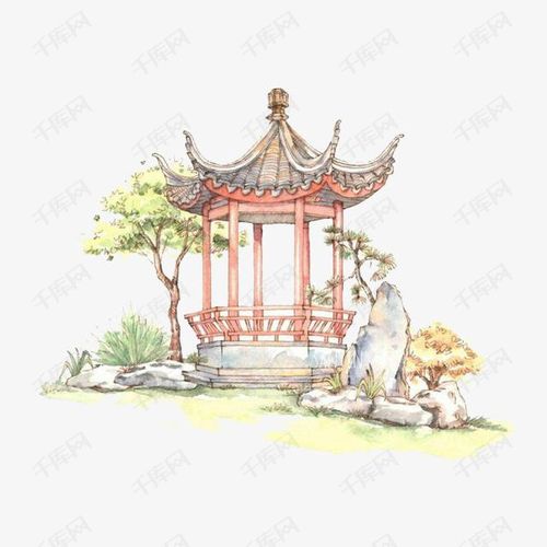 水彩建筑的素材免抠建筑绿叶亭子水彩卡通手绘
