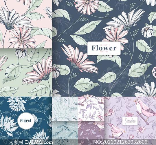 绿叶花鸟元素四方连续图案矢量素材