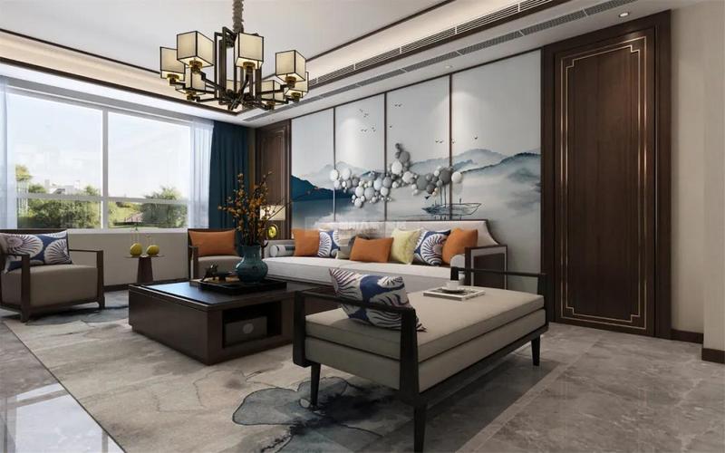 沙发背景墙使整个空间意境深远,悠扬,搭配上深色的护墙板,两种色彩的