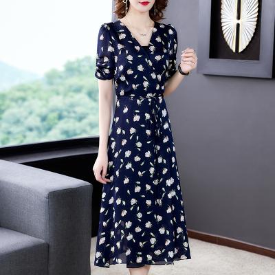 2020年夏装新款法式复古修身印花裙子 大摆中长连衣裙女