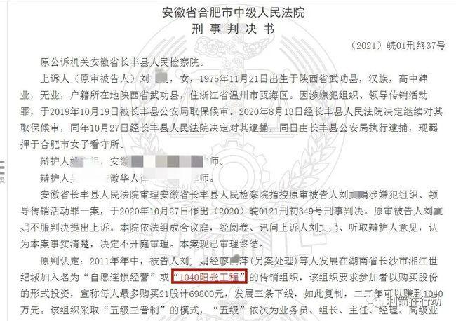 "1040阳光工程"是传销,一女骨干自首,检举上线立功,二审减刑半年!