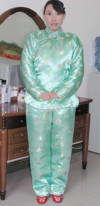 豆绿一生幸福花高级织锦软缎加厚传统大襟唐装棉袄棉裤手工定做