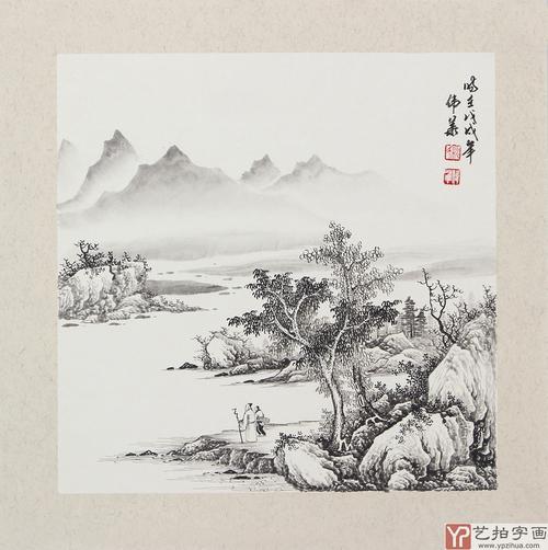 河北美协梁伟华工笔小品山水画《携琴访友》