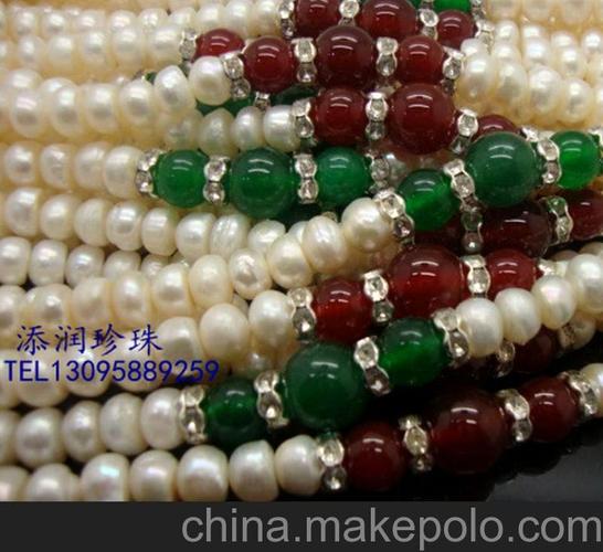 批发 珠径7mm天然淡水珍珠隔红绿玛瑙项链特价珍珠项链大量.