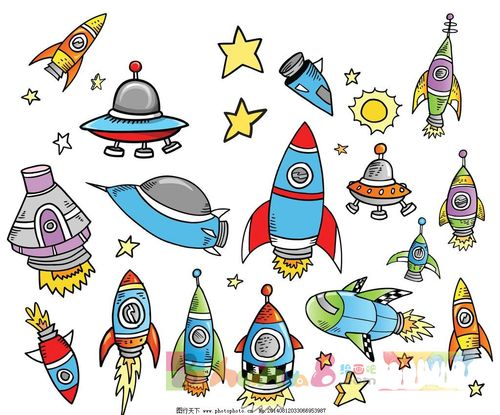 简笔画图片卡通太空插画 卡通太空 卡通太空元素 宇宙飞船 火箭 卫星