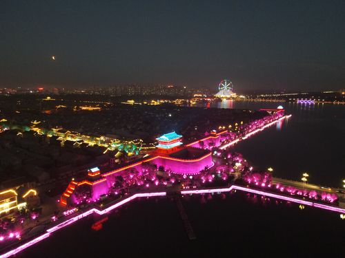 山东聊城夜景江北水城航拍无人机