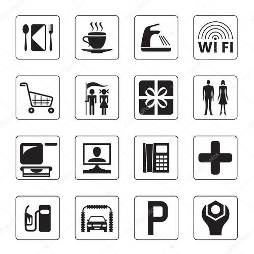 名称:煤气站, 购物中心和汽车旅馆的图标集
